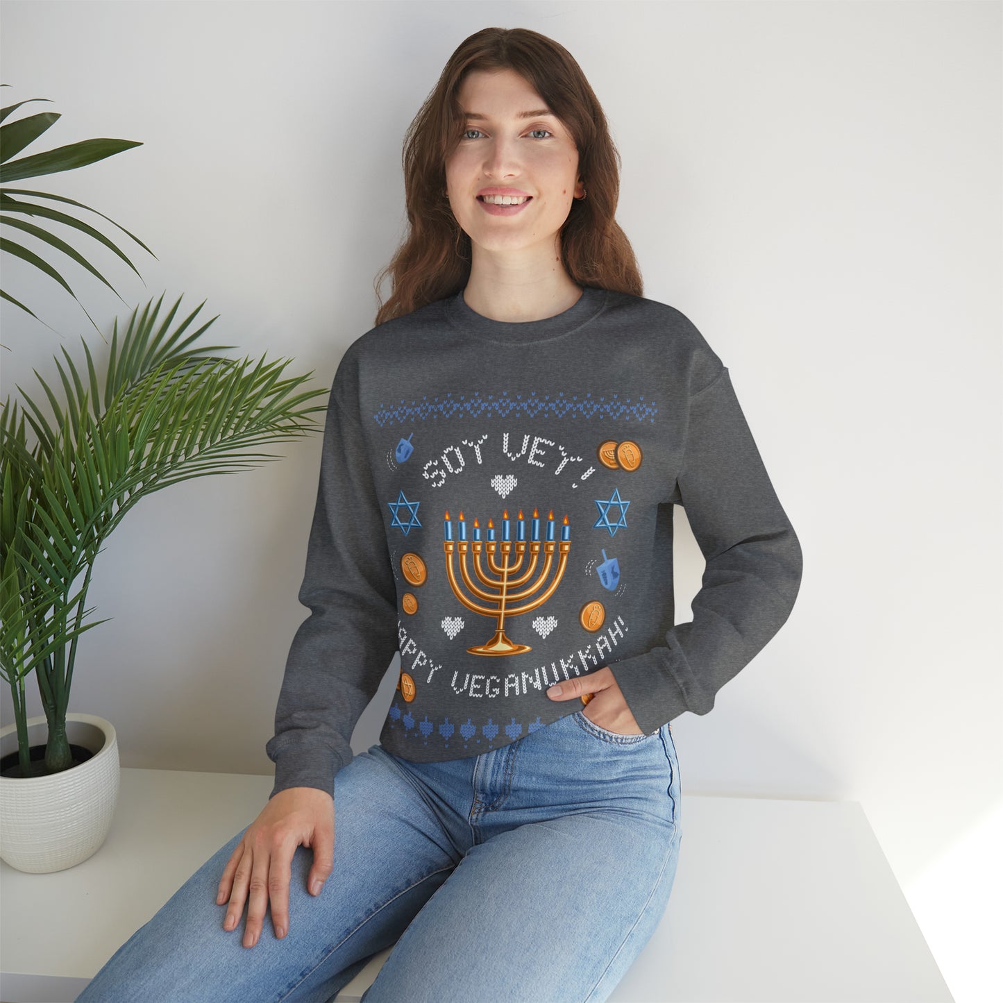 Vegan Hanukkah Ugly Sweater Unisex Heavy Blend™ Crewneck Sweatshirt Veganukkah!