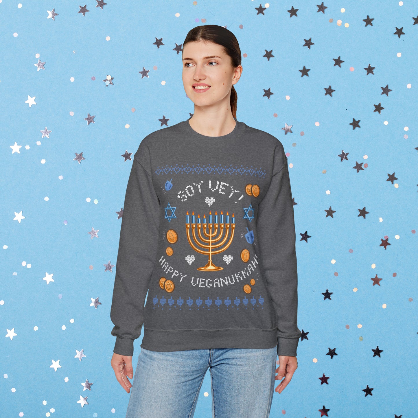 Vegan Hanukkah Ugly Sweater Unisex Heavy Blend™ Crewneck Sweatshirt Veganukkah!