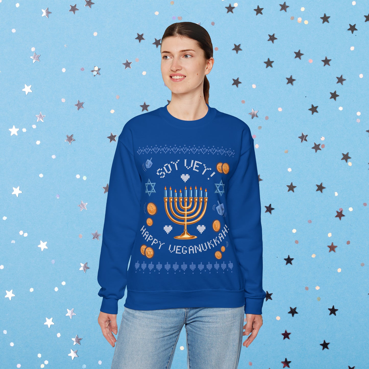 Vegan Hanukkah Ugly Sweater Unisex Heavy Blend™ Crewneck Sweatshirt Veganukkah!