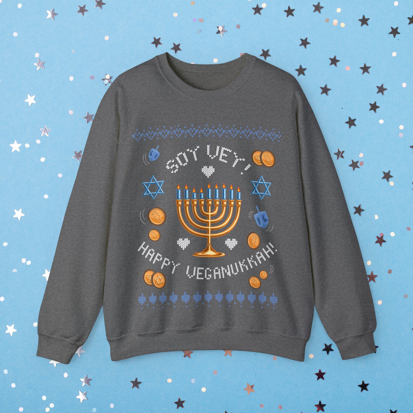 Vegan Hanukkah Ugly Sweater Unisex Heavy Blend™ Crewneck Sweatshirt Veganukkah!