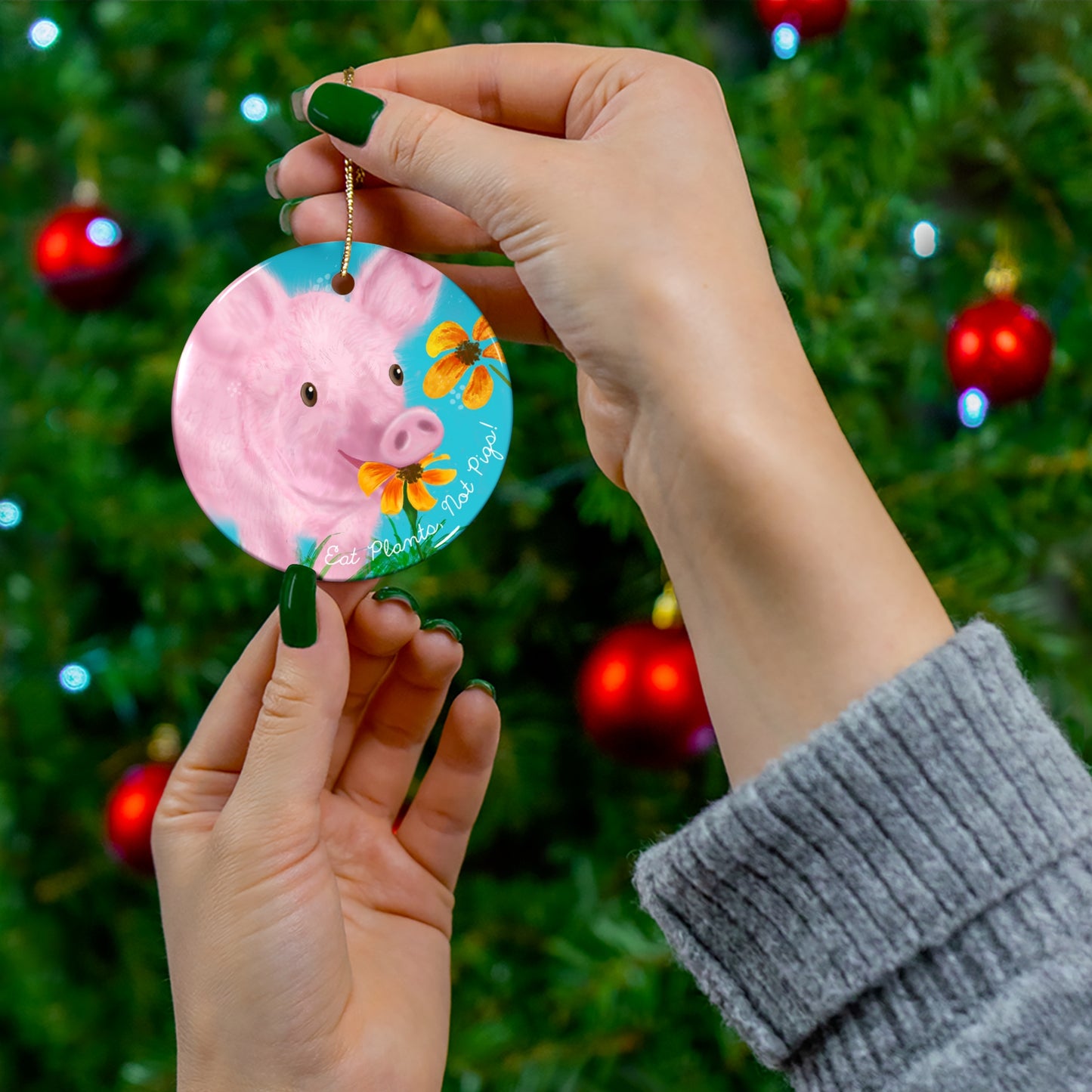 Ceramic Vegan Ornament. Eat Plants, Not Pigs!