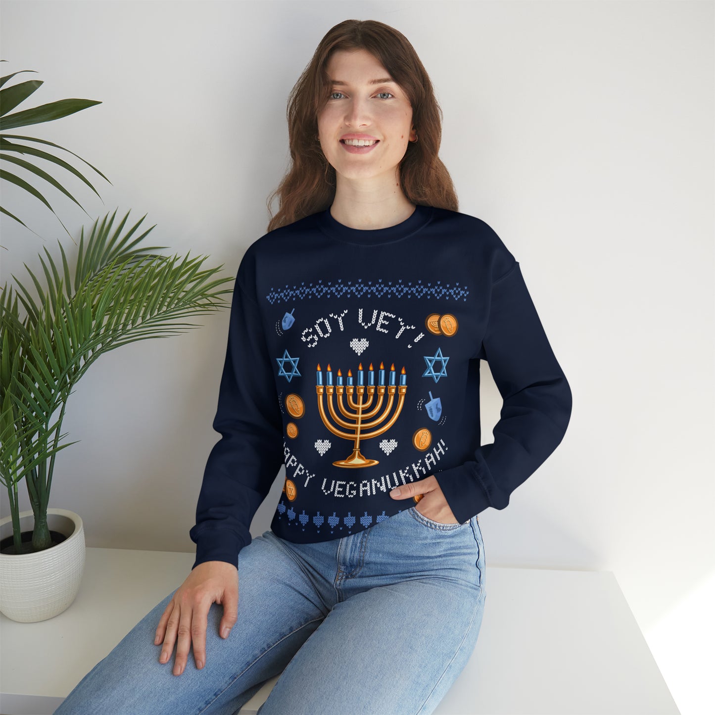 Vegan Hanukkah Ugly Sweater Unisex Heavy Blend™ Crewneck Sweatshirt Veganukkah!