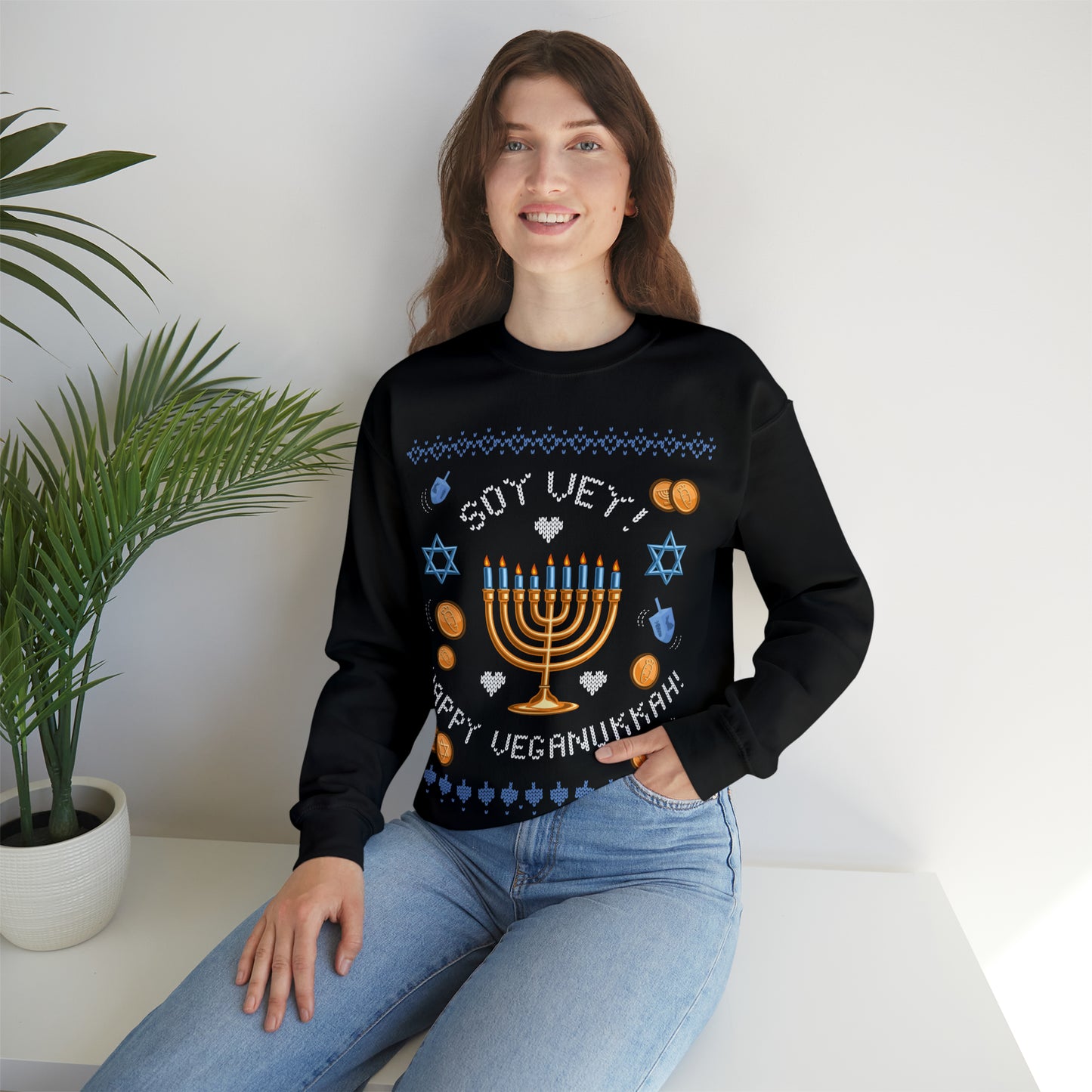 Vegan Hanukkah Ugly Sweater Unisex Heavy Blend™ Crewneck Sweatshirt Veganukkah!