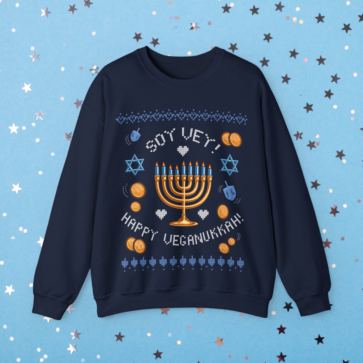 Vegan Hanukkah Ugly Sweater Unisex Heavy Blend™ Crewneck Sweatshirt Veganukkah!